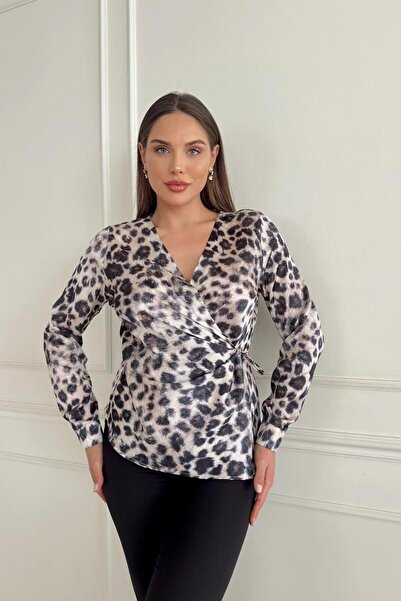 Flame İstanbul Butik Leopard Patterned Side Tie Blouse - Stp1289