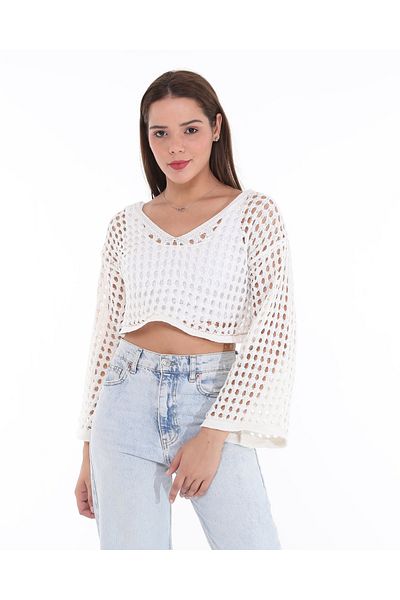 MA ananas Women's Openwork Knitwear Short V-Neck Blouse