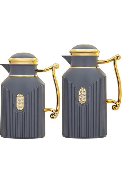 ALSAIF Deva Coffee And Tea Vaccum Flask Set In Grey/gold / Leak-proof And Keeps Drinks Hot 0.7/0.1 Liter