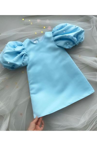 Asel Kids Girl's Blue Pearl Detailed Balloon Sleeve Dress