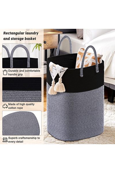 COOYA 60L Woven Cotton Rope Laundry Basket, for Dirty Clothes, Blankets in Bathroom, Living Room(Black)