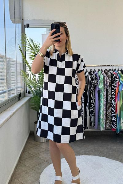 KUBOS MODA Shoulder Draped Polo Neck U Pattern Checker Black Knee Length Dress