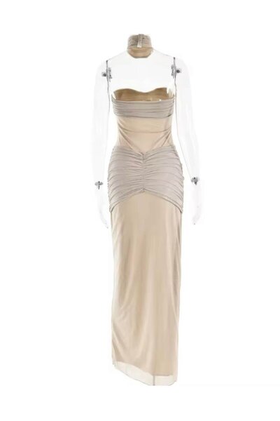 theanemos SİMLİ DRAPE DETAYLI STRAPLEZ BEJ ELBİSE