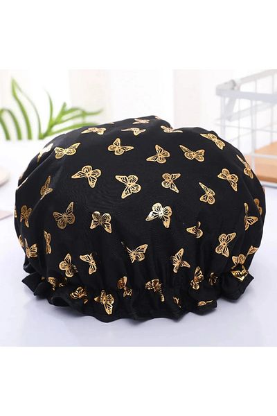 Choice1 Black kmk 【Hot sales】Double Shower Cap Waterproof Hair Cap Hot Gold Printed Terylene Cotton Shower C