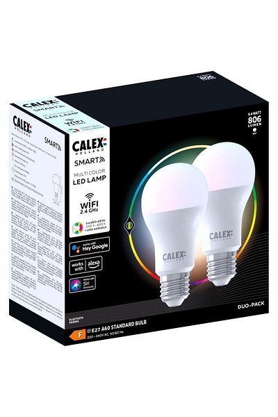 Calex Set of 2 smart RGB LED bulbs Calex, Wi-Fi, A60, E27, 9.4W, 806 lm, dimmable, white and colored light