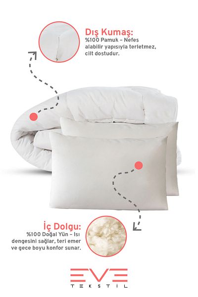 Eve Tekstil Merino Lamb Wool Antiallergic Cotton Quilt and Pillow Set 195X215 cm