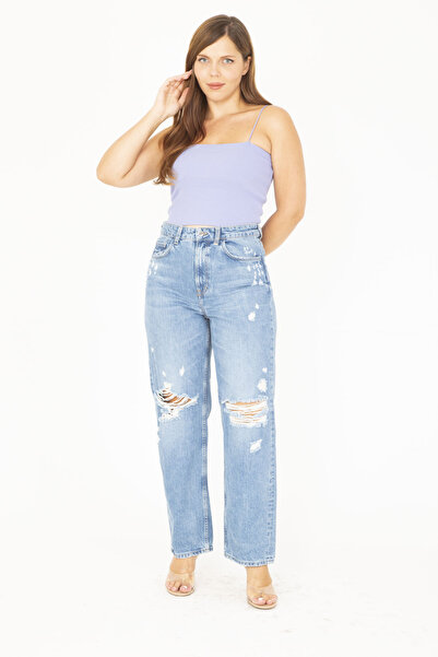 Şans Blugi de damă, de mărime mare, albaștri rupti, cu talie înaltă, cu 5 buzunare 65N36813