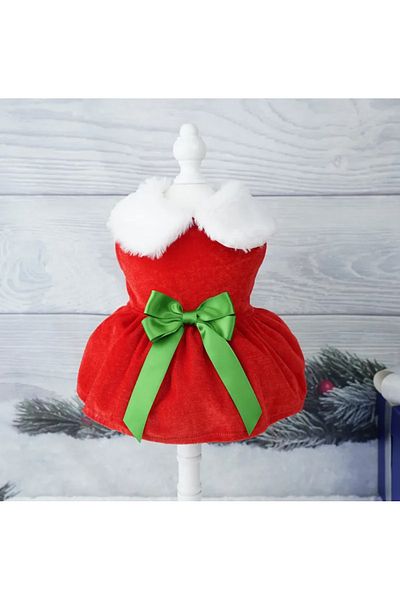 Choice XL Christmas Bow Style Pet Christmas Clothing Dog Cat Red Dress Warm Bow Frock Golden Velvet Fabric