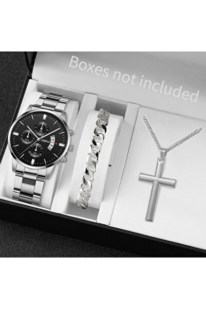 Choice مجموعة فضية بدون صندوق مكونة من 3 قطع/مجموعة ساعة رجالية أنيقة بسوار م...