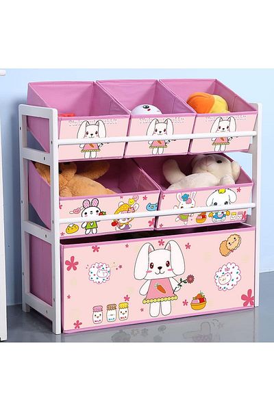 Yelajoy Solid Wood Toy Organizer, Pink Bunny,with 6 Toy Storage Bins, Books and Clothes,64 x 28 x 60 cm