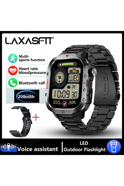 LAXASFIT Black Steel Strip LAXASFIT New Military Smart Watch Men Outdoor Sports Fitness Tracker Health Monito