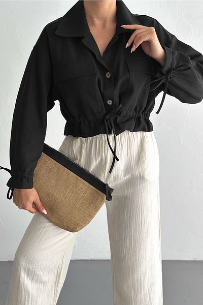 FEMELLE Women's Black Waist Drawstring Fringed 100% Cotton Crop Jacket