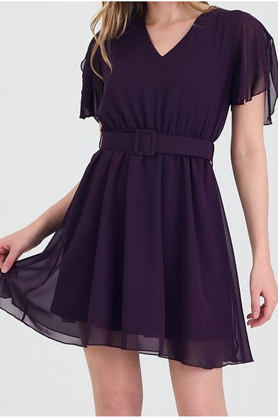 Ceylen Short Chiffon Dress with Belt Detail