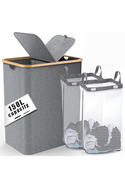 COOYA 150L Large Foldable Dirty Clothes Laundry Basket,with Lid,2 Removable Inner Bags,for Laundry Room