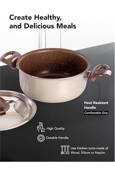 GRANDİ 8-Piece Cookware Set Aluminum Pots And Pans Stainless Steel Lids Brown & beige granite 22-26+26+18cm