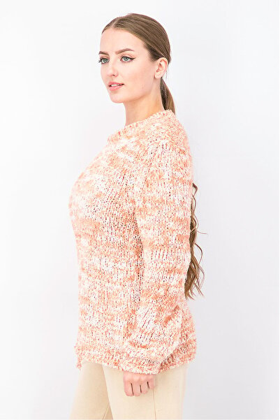 Uterqüe Women Crew Neck Textured Sweater, Coral and Off White