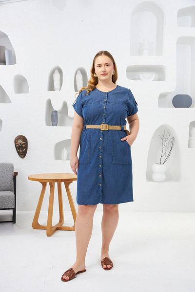 RMG Detailed Large Size Blue Tns Dress and Wicker Belt