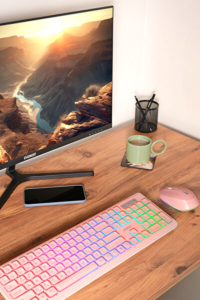 Everest KM-319BT Pembe 2.4G+BT1+BT2 Çoklu Cihaz Bağlantılı Q Set Kablosuz Klavye + Mouse