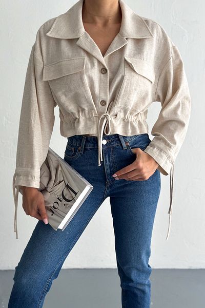 FEMELLE Women's Beige Waist Drawstring Fringed 100% Cotton Crop Jacket