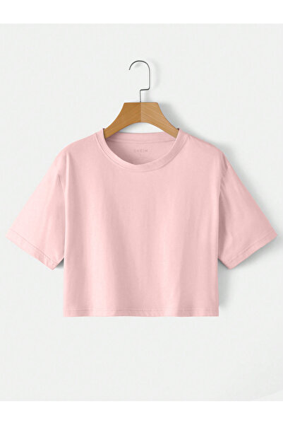 SeusCraft Tricou Crop Basic pentru femei - Roz, supradimensionat, cu decolteu...