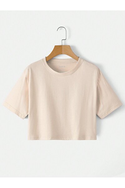 SeusCraft Tricou Crop Basic pentru femei - Bej, supradimensionat, cu decolteu...