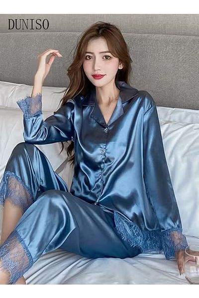 Generic Duniso Women's Two-piece Pajama Set Silk Satin Long Sleeve Nightgown Button-down Classic Homewear