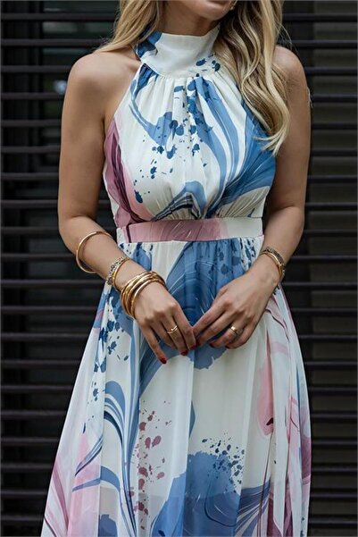 Dipmoda Rochie maxi din șifon cu decolteu halter, design special cu căptușeal...