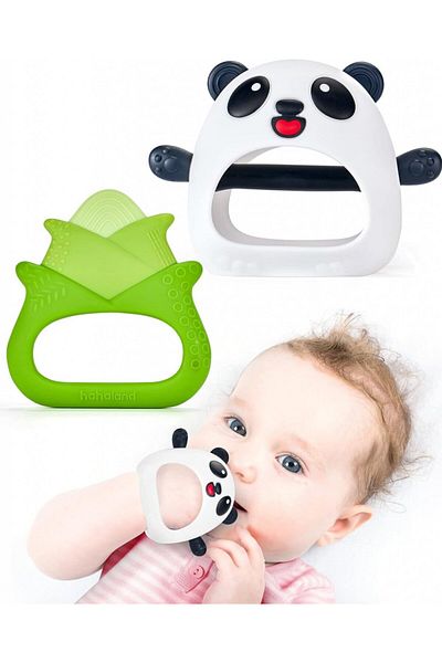 hahaland Set Of 2 Baby Teething Toys, Silicone, White/green/black, 0-9 Months