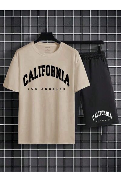 SeusCraft شورت تي شيرت كاليفورنيا لا باللون البيج والأسود - شورت علوي من مجمو...