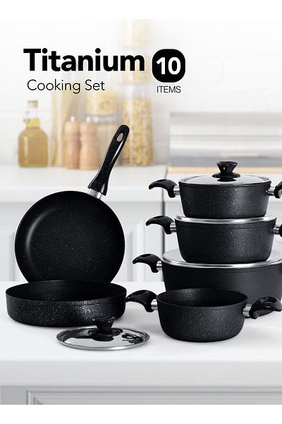 GRANDİ Titanium 10-piece Set Coated Pots And Pans Stainless Steel Lids - Black 18-20-22-26 26 26