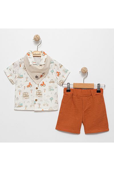 Little Pumpkin Car Printed Bib Detailed Baby Boy Shorts Set