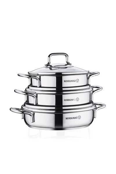 KORKMAZ Perla Turkish Steel Omelette Set 18/10 with Transparent Lid, 6 Pieces