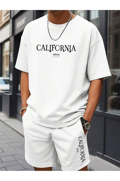 SeusCraft California Design T-Shirt Shorts - White Bottom Top Set Shorts T-Shirt Combo Printed Crew Neck
