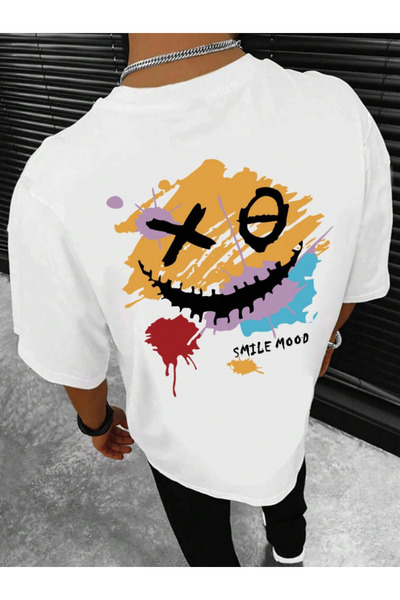 Revasser Unisex Erkek/Kadın SMILE Özel Baskılı Oversize Pamuklu Bisiklet Yaka...