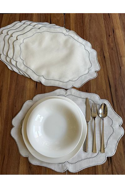 NURHAN HOME COLLECTION 6 Pieces Pearl Grain Embroidered Silver American Service Plate