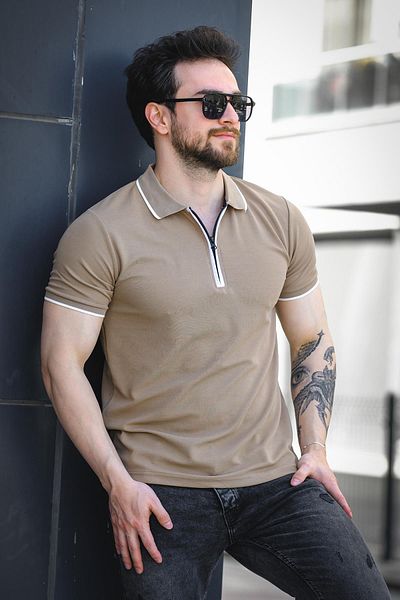 Oksit Ανδρικό μπλουζάκι με ριγέ γιακά Calep Slim Fit με φερμουάρ Polo