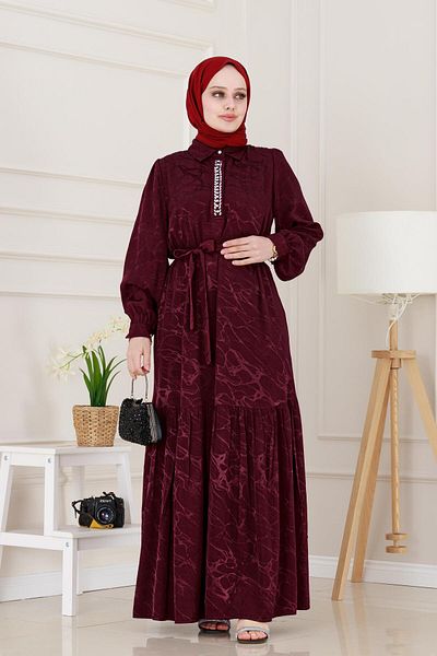 Sevitli Rochie de seara din satin jacquard cu guler de piatra - Bordeaux