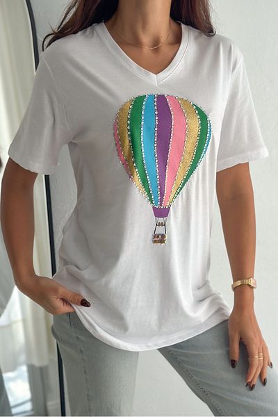 FEMELLE Women's White V-Neck Large Size Balloon Sequin Sequin Embroidered 100% Cotton T-Shirt