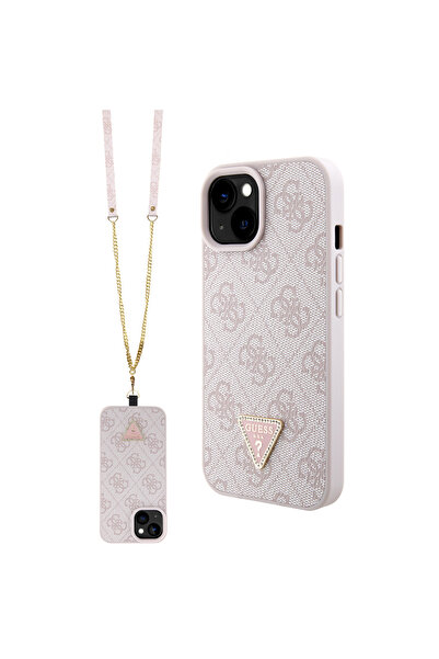 Guess غطاء متوافق مع iPhone 15 متوافق مع حافظة آيفون 15 مرخصة من Guess جلد PU مرخص من Guessجلد PU محشو معدني شعار ثلاثي الشكل شعار كروس بودي معلق 4G منقوش وردي