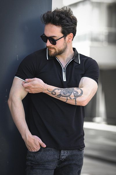 Oksit Ανδρικό μπλουζάκι με ριγέ γιακά Calep Slim Fit με φερμουάρ Polo