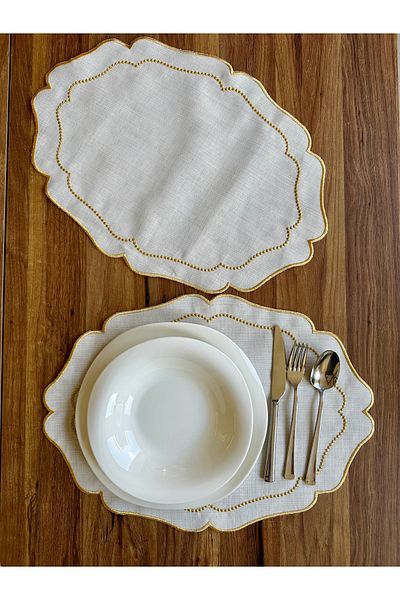 NURHAN HOME COLLECTION 2 Pieces Pearl Grain Embroidered Gold American Service Plate