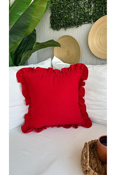 Decamor home Vintage Velvet Textured Red Ruffled Throw Pillow Cover 1Pc