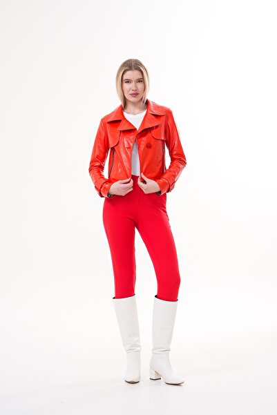 Metins Leather Kadın Çift Taraflı Giyilebilir Kısa Desenli Kırmızı Hakiki Der...