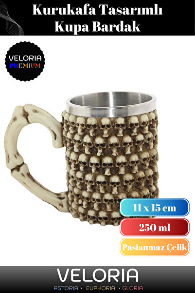 Genel Markalar Premium Dekoratif Sevgiliye Arkadaşa Hediye Paslanmaz Çelik Kurukafa Tasarımlı Kupa Bardak 11x15 cm