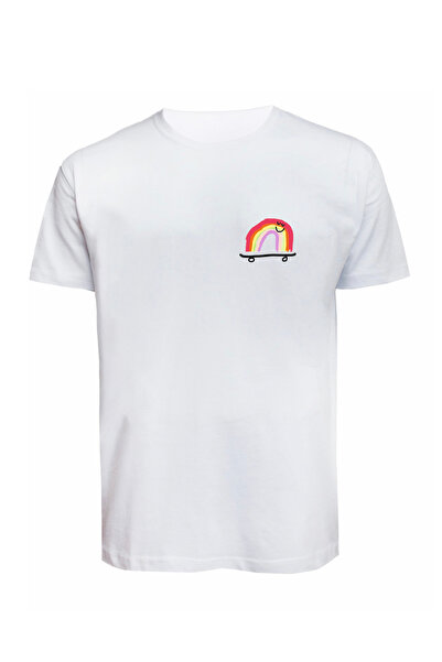 Baran Işık Unisex 0 Collar T-Shirt Rainbow Printed Compact Combed Cotton Casu...