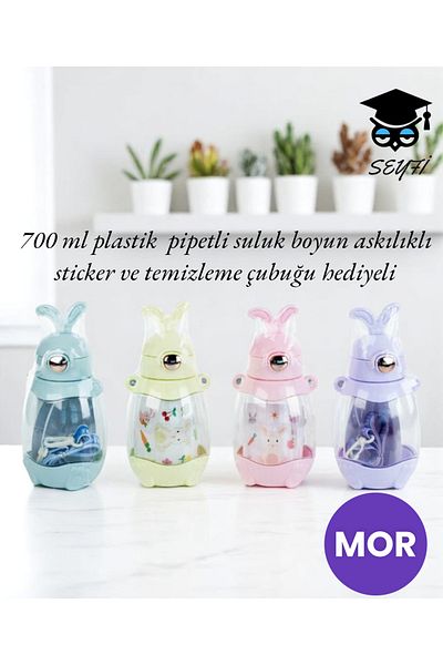 SEYFİKİRTASİYE 700 ml Plastic Straw Bottle with Neck Strap Sticker and Cleaning Stick Gift