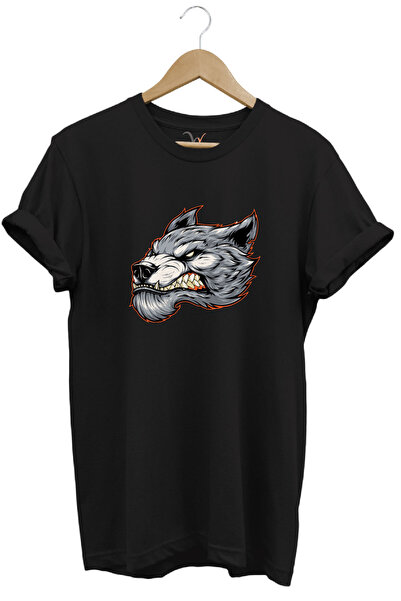 WİDİ Angry Aggressive Wolf Design Μπλουζάκι με στάμπα 100% βαμβακερό κανονικό...
