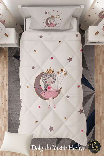 Talia Home Girl Sitting on the White Moon Single Children's Quilt Sleeping Set