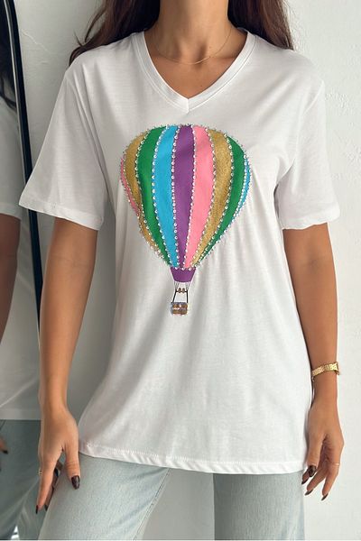 FEMELLE Women's White V-Neck Large Size Balloon Sequin Sequin Embroidered 100% Cotton T-Shirt