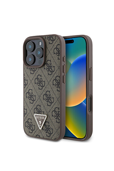 Guess iPhone 16 Pro Uyumlu Kılıf Guess Lisanslı PU Deri Taşlı Üçgen Logo 4G D...